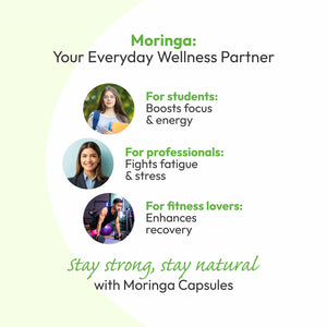 Moringa capsules provide a natural boost of energy, supports immune health, enhances digestion, and delivers powerful antioxidants. Rich in essential vitamins and minerals, they also support healthy skin and hair, helping you feel active, nourished, and balanced every day.