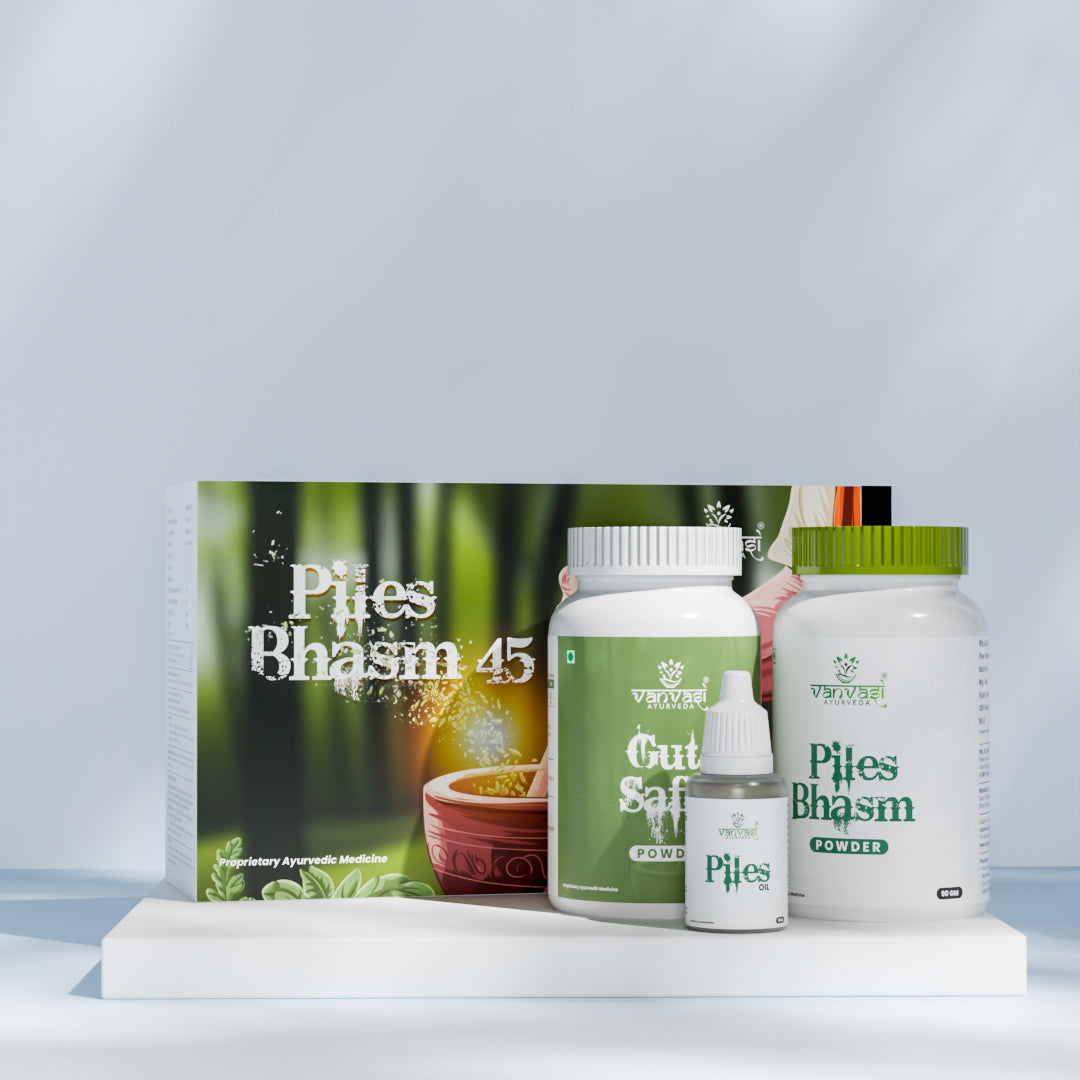 Piles Bhasm 45 from Vanvasi Ayurveda is a natural, time-tested solution for piles, targeting the root cause rather than just symptoms. Combining Piles Bhasm Powder, Gut Saffa Powder, and Piles Oil, it effectively reduces swelling, improves digestion, and soothes discomfort. This holistic remedy provides long-term relief and strengthens gut health, making it the ideal choice for those seeking natural, lasting protection from piles.