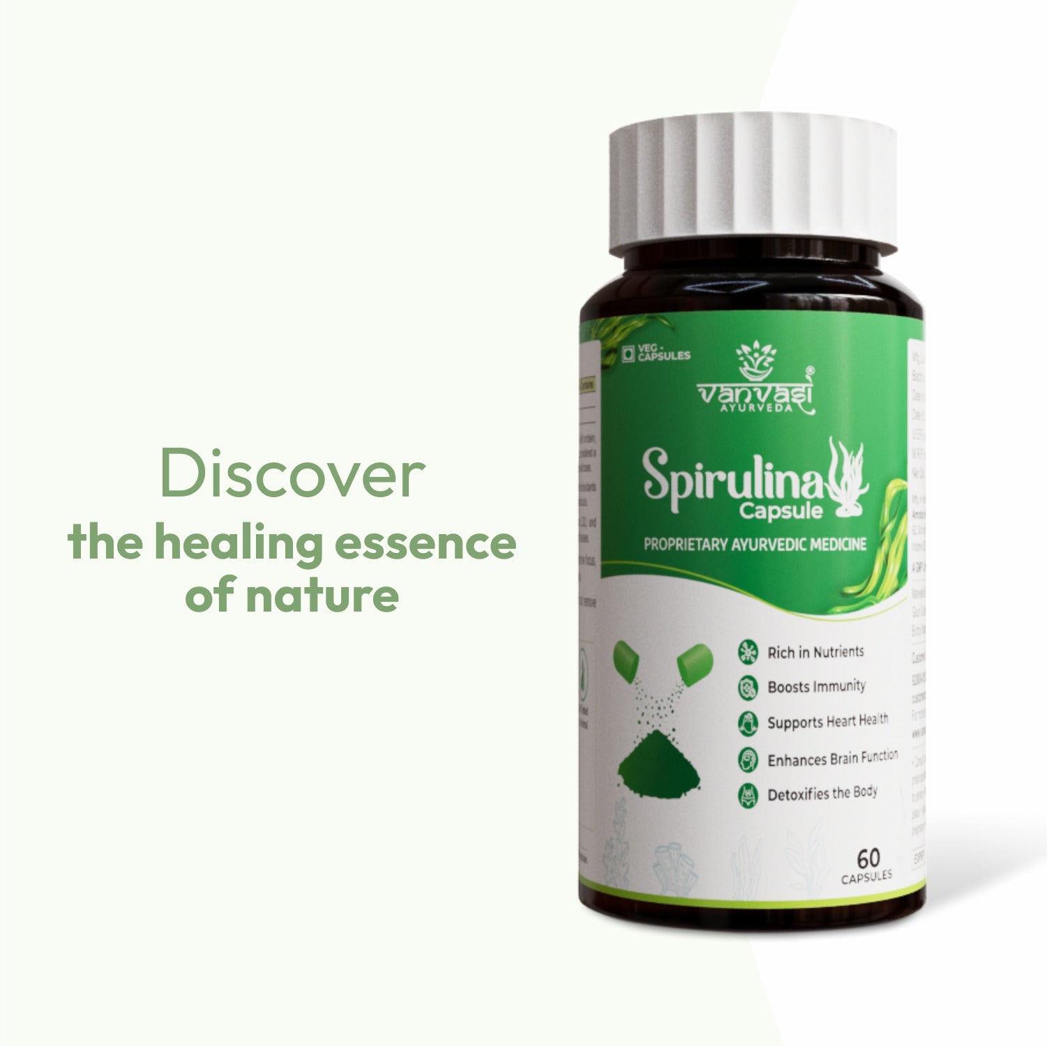 Spirulina capsules deliver a powerful dose of plant-based protein, essential vitamins, and antioxidants. They supports immunity, improves digestion, and promotes detoxification. Spirulina also supports heart health and enhances brain function, keeping your body strong, nourished, and revitalized.