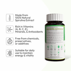 Spirulina capsules deliver a powerful dose of plant-based protein, essential vitamins, and antioxidants. They supports immunity, improves digestion, and promotes detoxification.