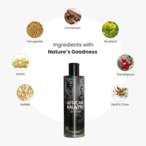 Vanvasi Ayurveda African Kala Tel, enriched with Devil’s Claw, Sallaki, Sonth & Garlic, helps relieve joint pain, muscle stiffness, and inflammation. Known for its deep-penetrating heat therapy, this African Kala Tel supports mobility and natural healing.