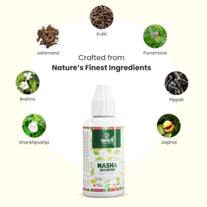 Vanvasi Ayurveda Nasha Shunyam is a natural de-addiction drop made with Amla, Kutki & Brahmi. It detoxifies the body, reduces cravings, and supports mental clarity. The best Ayurvedic nasha mukti medicine for tobacco, alcohol & drug de-addiction with no side effects.