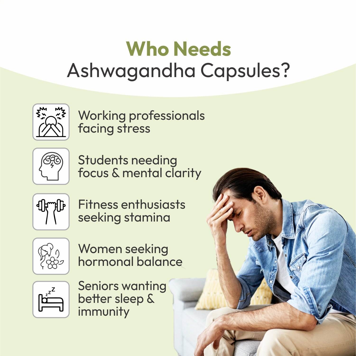 Ashwagandha capsules help reduce stress and anxiety, promote deeper and restful sleep, boosts energy and stamina, and supports a stronger immune system. A natural daily supplement to keep your mind calm, body energized, and overall health balanced.