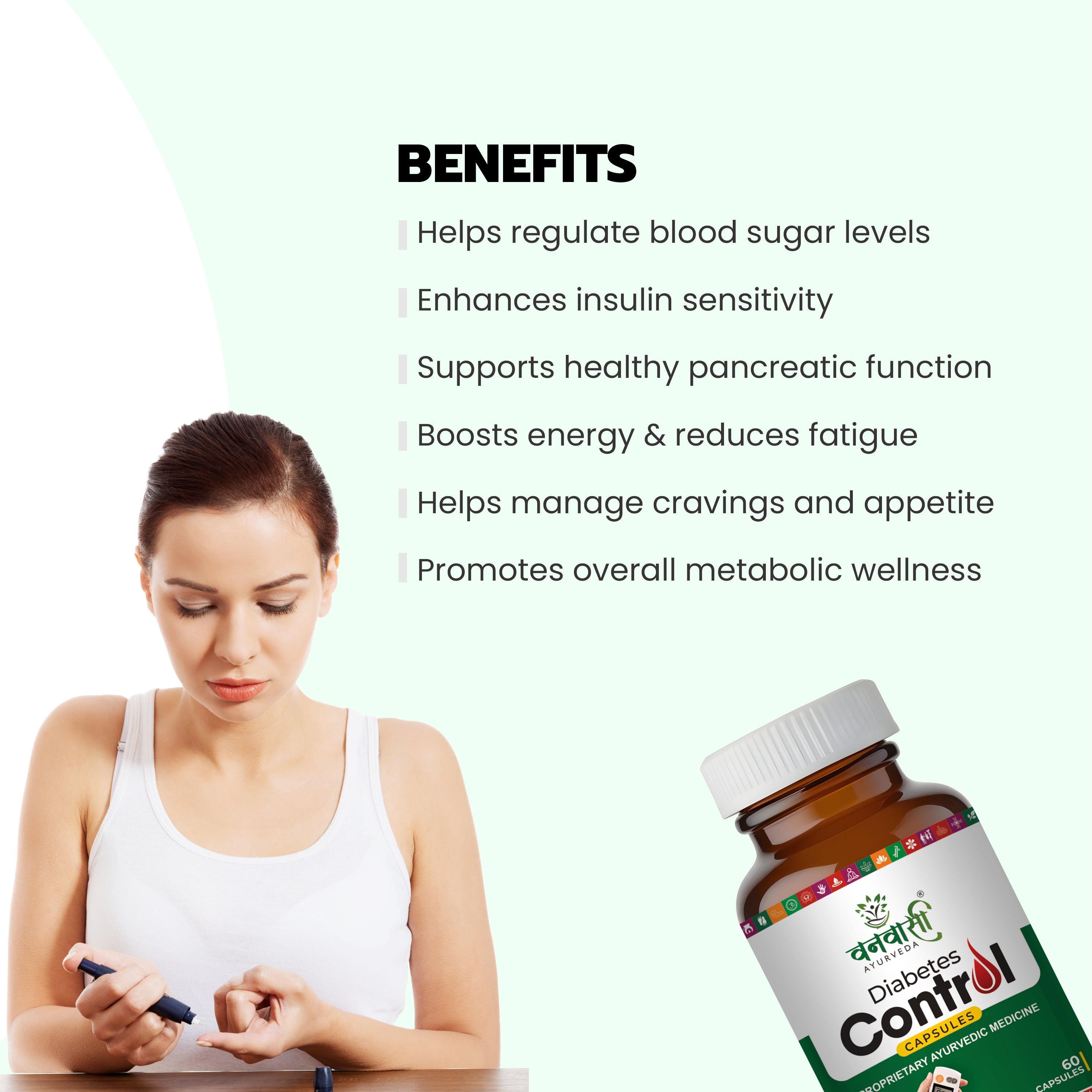 Vanvasi Ayurveda Diabetes Control Capsules blend Amla, Black Pepper & Turmeric to naturally manage blood sugar. This Ayurvedic diabetes capsule reduces insulin resistance, boosts glucose absorption & combats oxidative stress—offering a safe, effective Ayurvedic treatment for diabetes.

