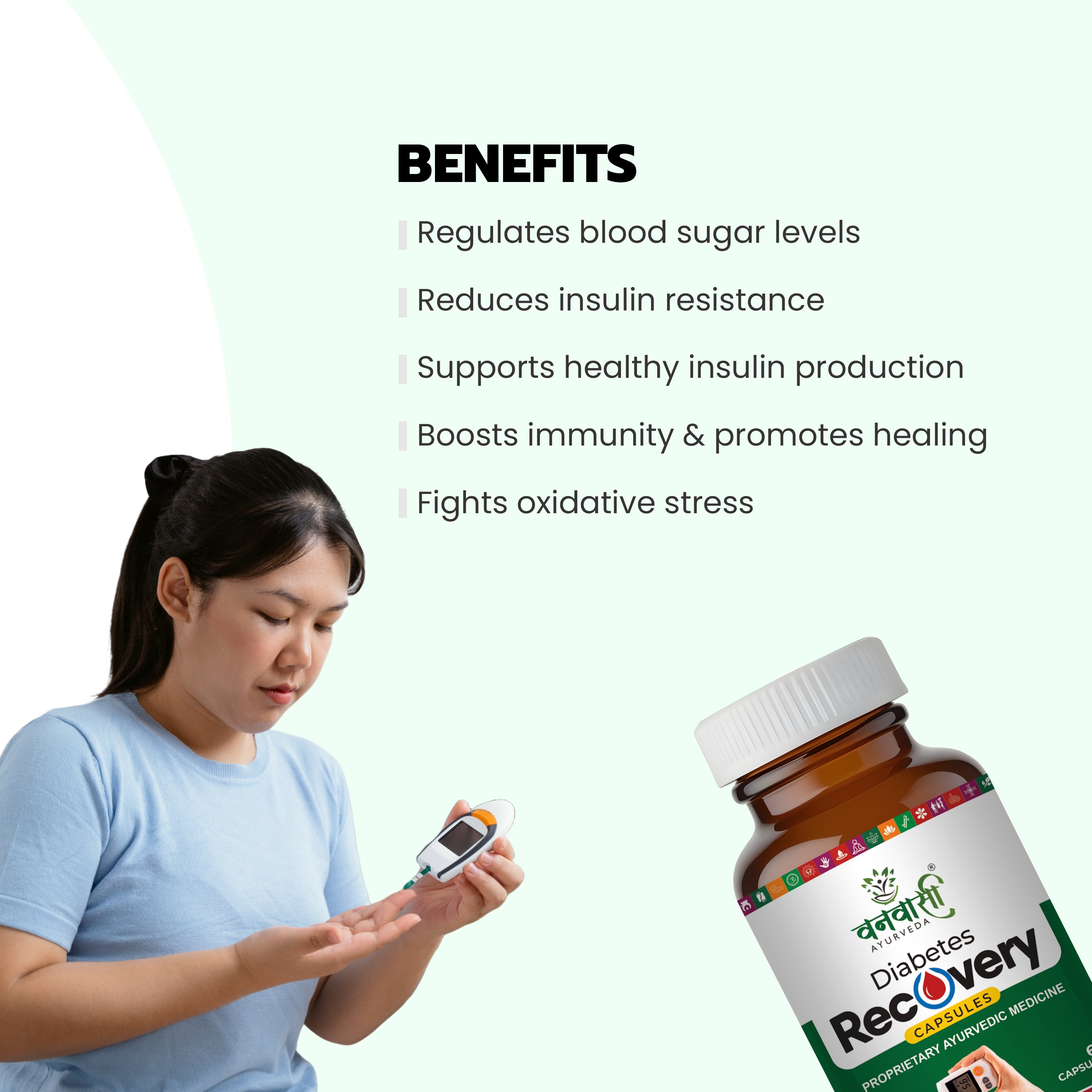 Vanvasi Ayurveda Diabetes Recovery Capsules combine Ashwagandha, Sonth, and Methi to naturally manage blood sugar levels. This ayurvedic diabetes capsule supports glucose metabolism, reduces fatigue, improves digestion, and promotes energy. A trusted diabetes care capsule for balanced living.

