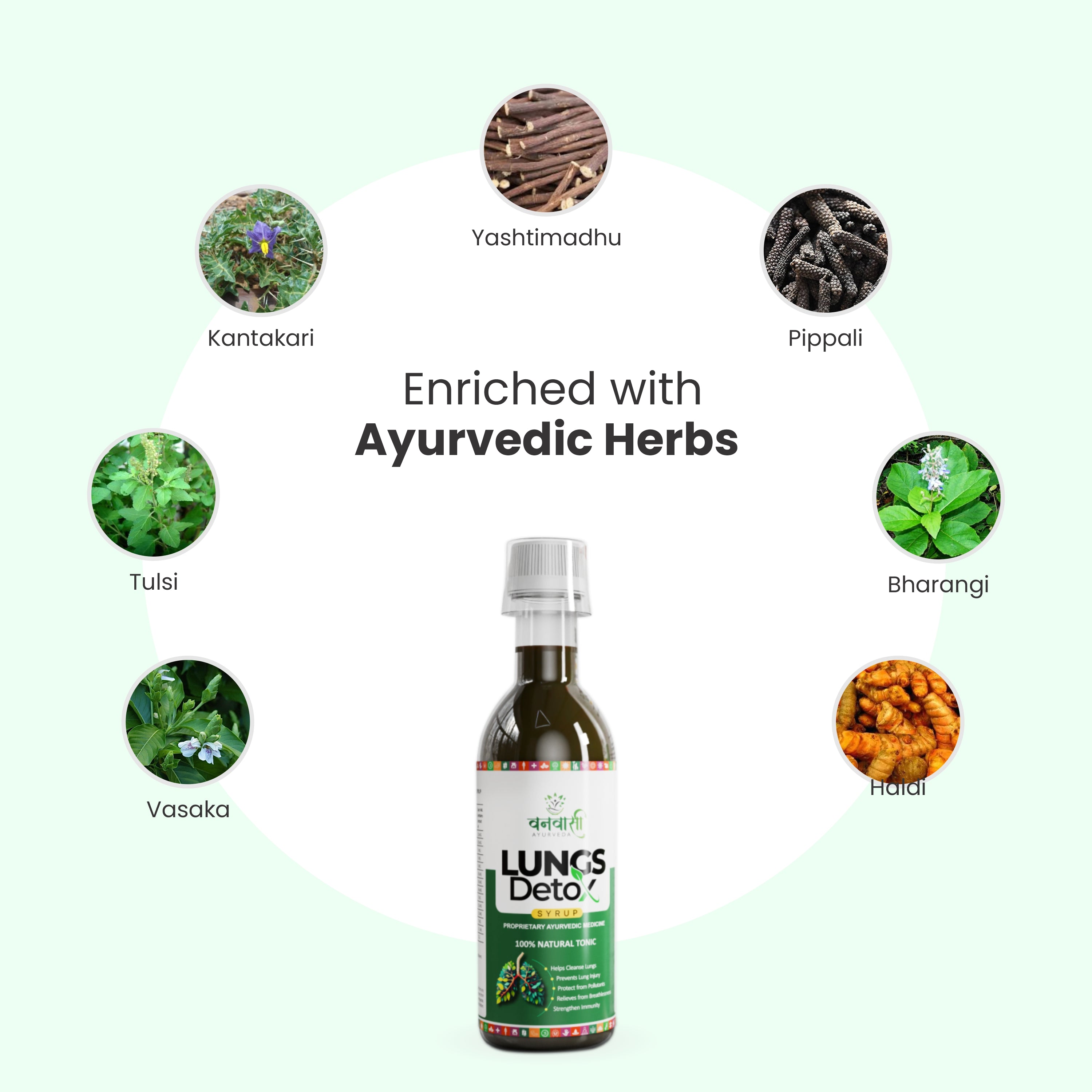 Vanvasi Ayurveda Lung Detox Tonic is a sugar-free lung-cleansing syrup made with Tulsi, Laung & Haldi. This ayurvedic medicine for lungs supports natural detox, improves breathing, and is ideal as a lung detox for smokers and those exposed to pollution or respiratory stress.

