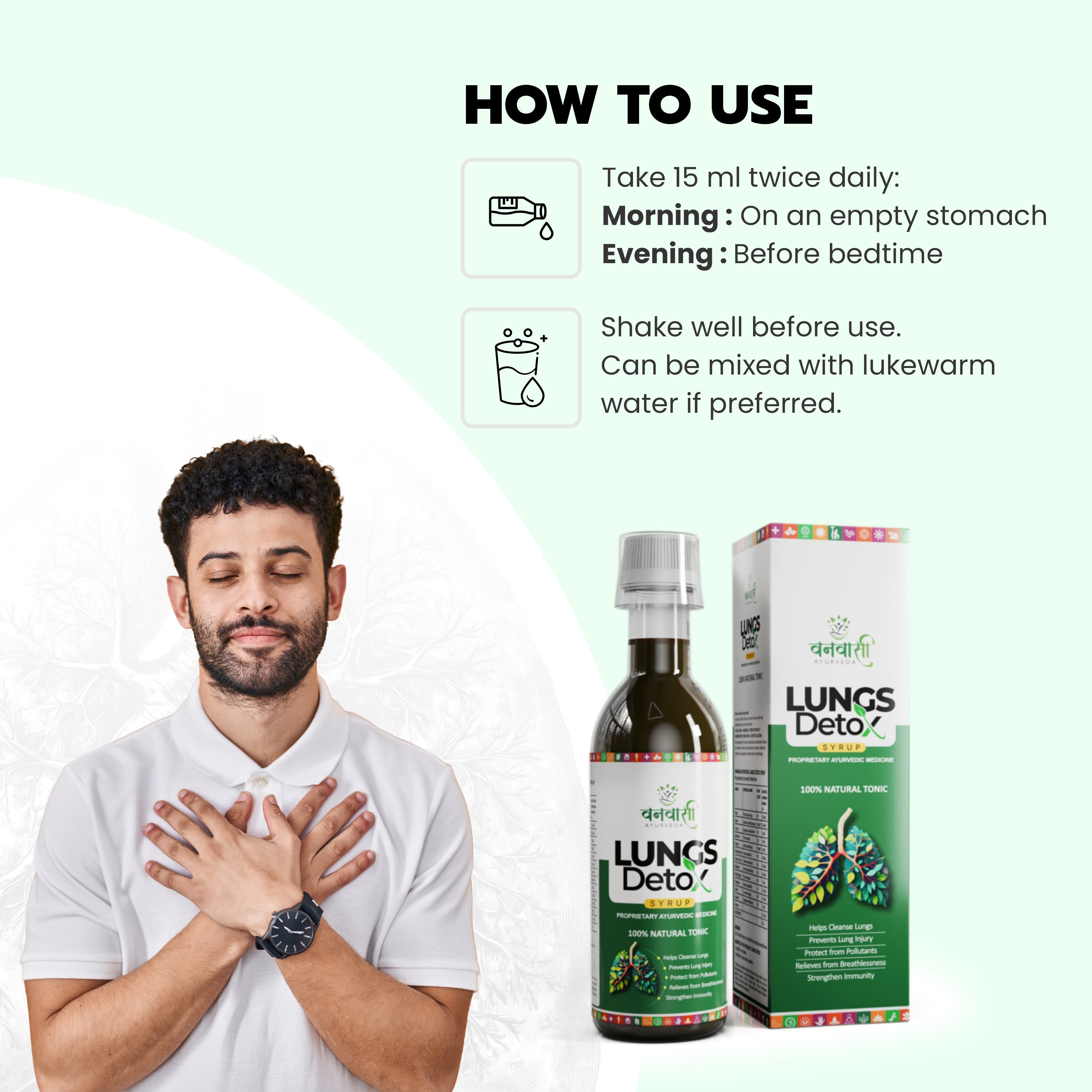 Vanvasi Ayurveda Lung Detox Tonic is a sugar-free lung-cleansing syrup made with Tulsi, Laung & Haldi. This ayurvedic medicine for lungs supports natural detox, improves breathing, and is ideal as a lung detox for smokers and those exposed to pollution or respiratory stress.

