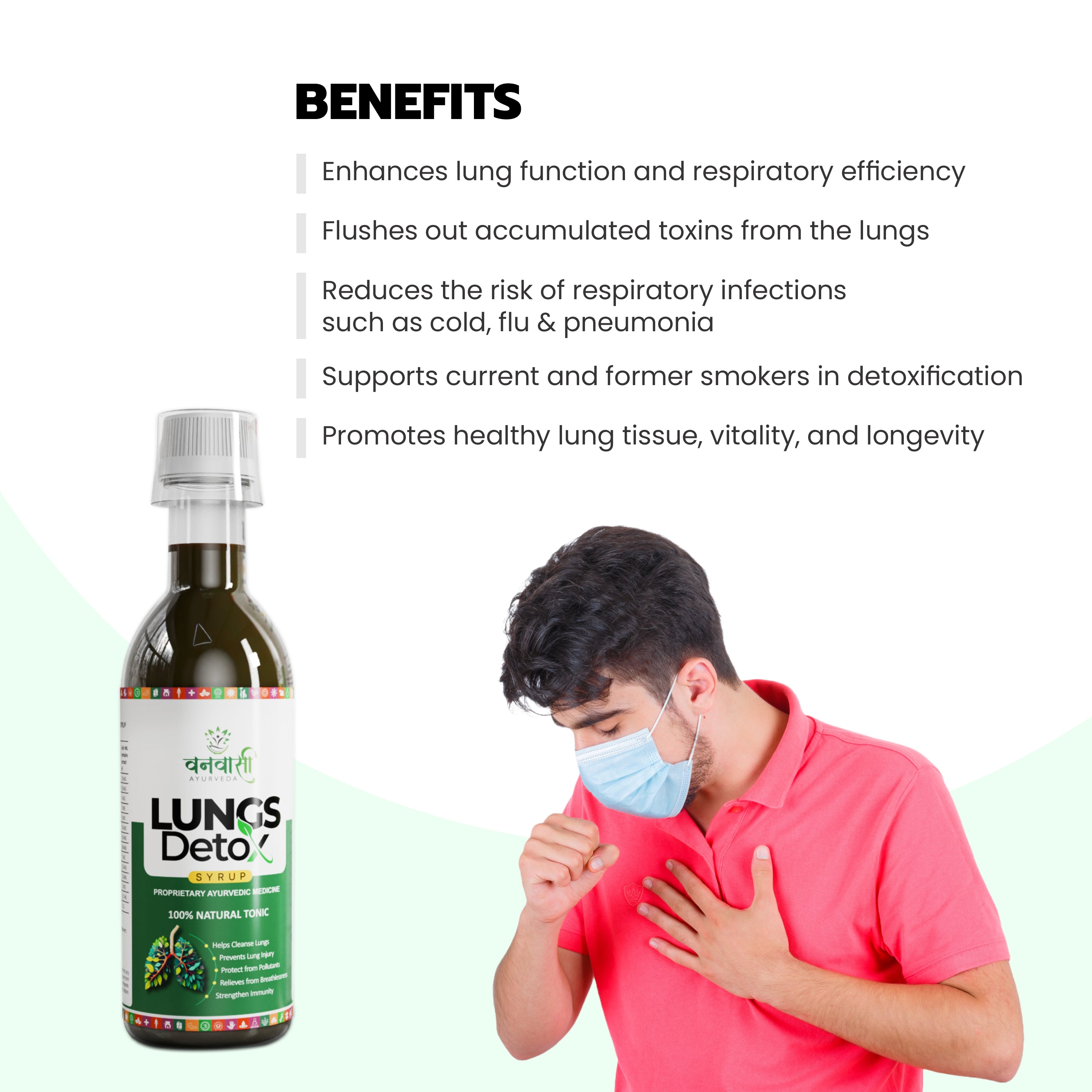 Vanvasi Ayurveda Lung Detox Tonic is a sugar-free lung-cleansing syrup made with Tulsi, Laung & Haldi. This ayurvedic medicine for lungs supports natural detox, improves breathing, and is ideal as a lung detox for smokers and those exposed to pollution or respiratory stress.

