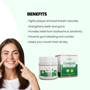 Vanvasi Ayurveda DantJadi is made with 18 Ayurvedic herbs like Babul, Jambhul & Lavang. It fights germs, strengthens teeth & gums, and whitens teeth naturally. This Ayurvedic teeth whitening powder is the best solution for gum care, decay prevention & shiny teeth.