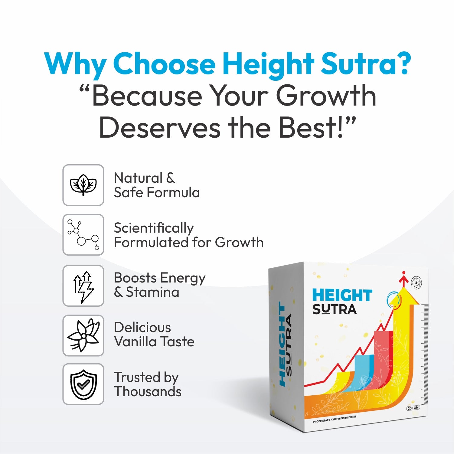 Height Sutra Vanilla Shake is an Ayurvedic height growth supplement enriched with calcium, magnesium, vitamins, and essential minerals to support bone strength, muscle development, and overall growth. Suitable as a height growth supplement for teenagers and adults, it promotes healthy digestion, energy, and long-term physical wellness with a delicious vanilla flavour.

