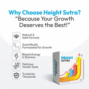 Height Sutra Vanilla Shake is an Ayurvedic height growth supplement enriched with calcium, magnesium, vitamins, and essential minerals to support bone strength, muscle development, and overall growth. Suitable as a height growth supplement for teenagers and adults, it promotes healthy digestion, energy, and long-term physical wellness with a delicious vanilla flavour.

