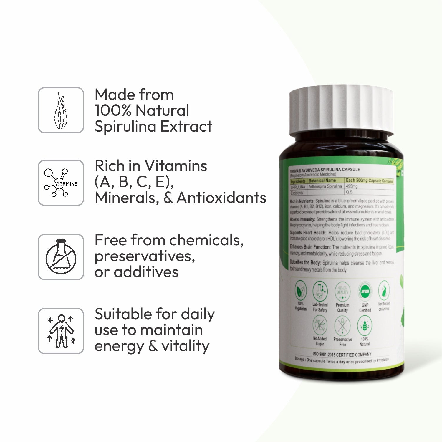 Spirulina capsules deliver a powerful dose of plant-based protein, essential vitamins, and antioxidants. They supports immunity, improves digestion, and promotes detoxification.