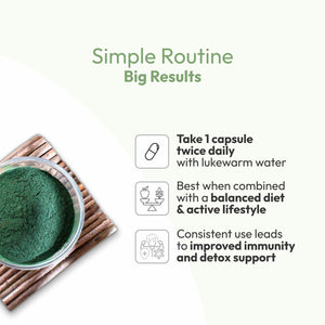 Spirulina capsules deliver a powerful dose of plant-based protein, essential vitamins, and antioxidants. They supports immunity, improves digestion, and promotes detoxification.