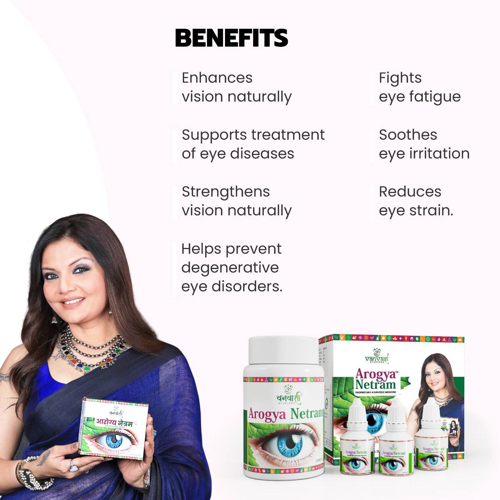 Vanvasi Ayurveda Arogya Netram Drops & Capsules Combo is a powerful Ayurvedic solution made with Bhringraj, Turmeric, and Pippali to relieve eye strain, dryness, and black spots. This combo improves retinal circulation, supports vision, and is ideal as the best eye drops for dry eyes and eye pain.