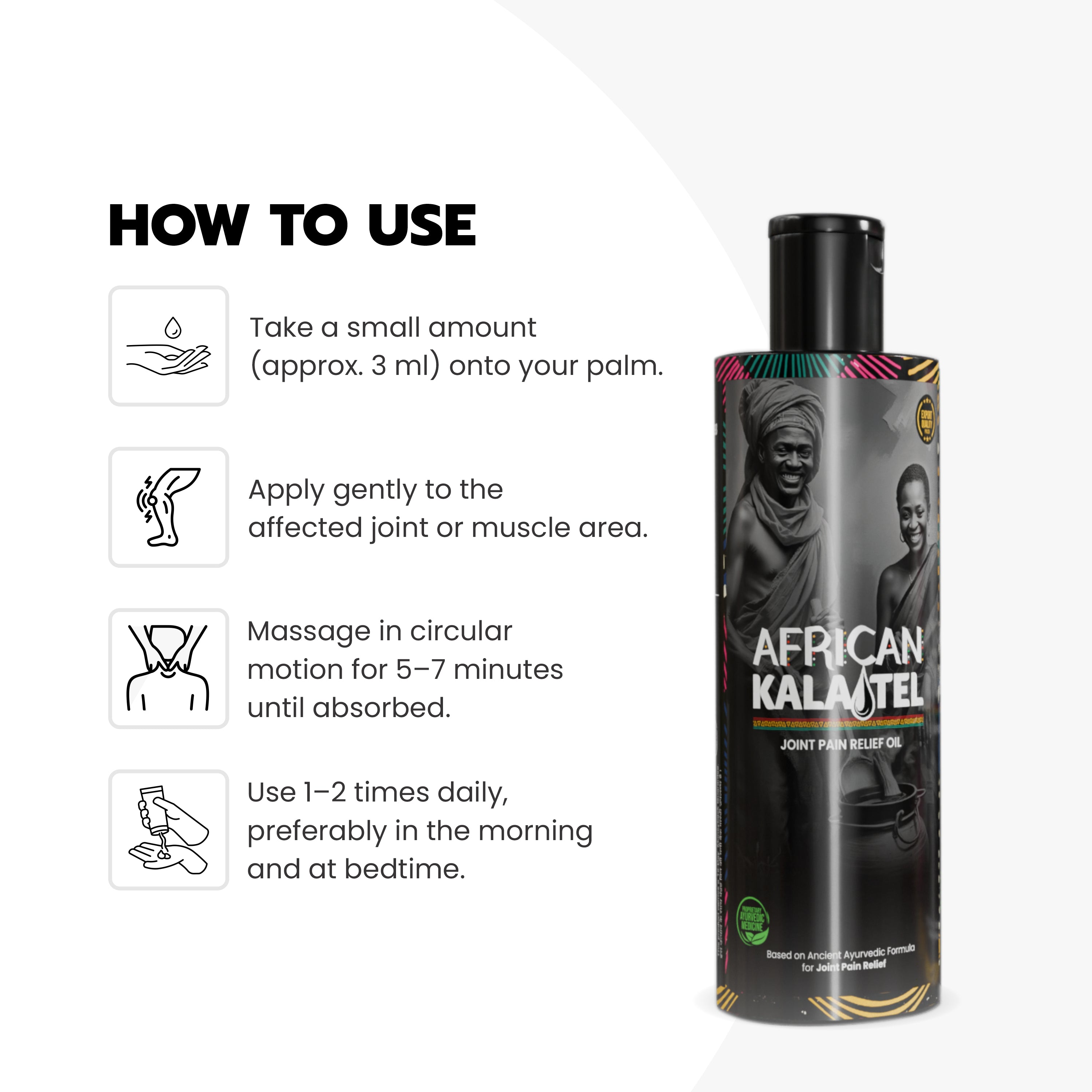 Vanvasi Ayurveda African Kala Tel, enriched with Devil’s Claw, Sallaki, Sonth & Garlic, helps relieve joint pain, muscle stiffness, and inflammation. Known for its deep-penetrating heat therapy, this African Kala Tel supports mobility and natural healing.